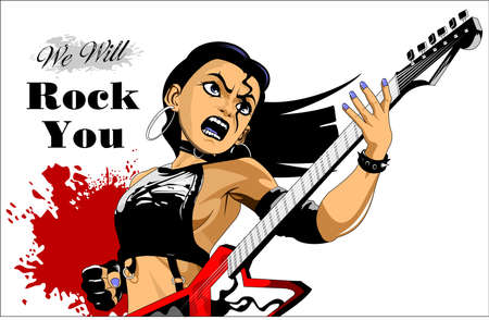 Woman in leather corset playing electric guitar illustrationのイラスト素材