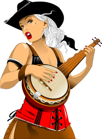Beautiful woman in cowboy hat playing banjo illustrationのイラスト素材