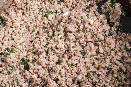 Cooked minced meat with onion in a pan  