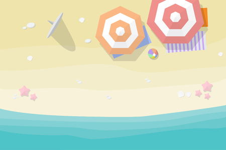 top view beach background with umbrellas, balls, surfboard, starfish and sea. vector illustrationのイラスト素材