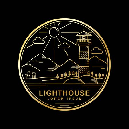 Illustration logo lighthouse outline style isolated black backgroundのイラスト素材