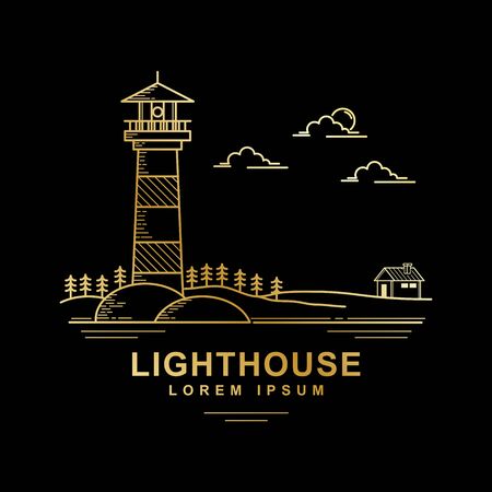 Illustration of lighthouse style outlines isolated black backgroundのイラスト素材