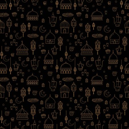 seamless pattern of line art style, the theme of Eid al-Fitr celebration foodのイラスト素材