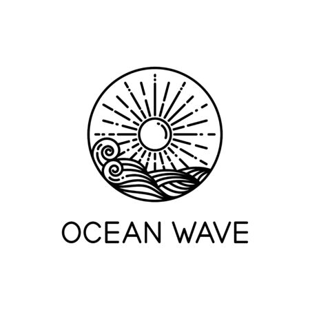 vector design of ocean waves and sunshine line art style isolated white backgroundのイラスト素材