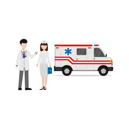 Vector design of doctors and nurses besides ambulances for medical needs and emergencies on a white backgroundのイラスト素材