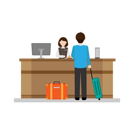 vector design of a man is booking a hotel room to the receptionistのイラスト素材