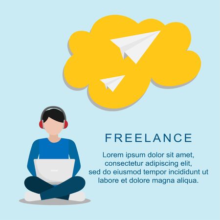 a freelance man with his laptop who works remotely vector designs for banners and templatesのイラスト素材