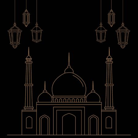 vector design of a lantern and an outline mosque with a white backgroundのイラスト素材