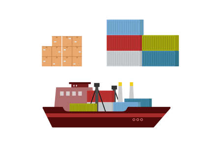 Delivery of goods by ship with container and box set flat design on white backgroundのイラスト素材