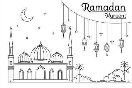 mosque monoline style vector design ramadan concept with hanging lantern decorationのイラスト素材