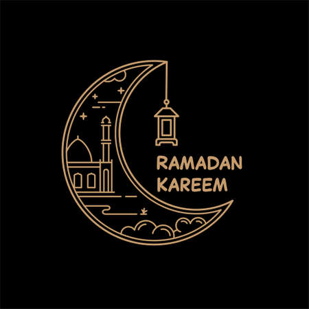 illustration of a mosque inside the crescent moon of the ramadan theme. Monoline style concept design isolated on dark background.のイラスト素材