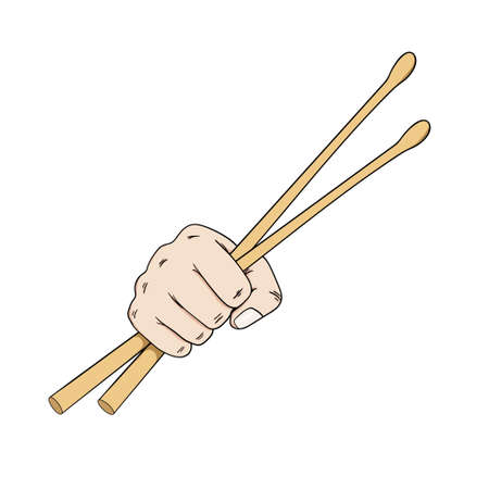 rock and roll music concept hand holding drumsticks isolated white background vector illustrationのイラスト素材