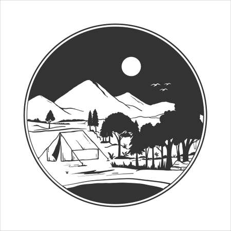 silhouette camping badge. vector illustration of camping in the wild mountainsのイラスト素材