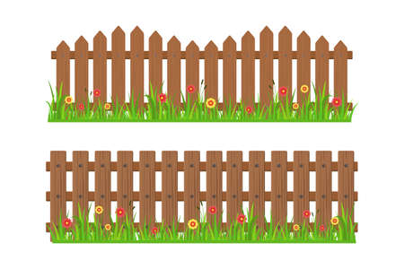 wooden fence with grass and flowers vector illustrationのイラスト素材