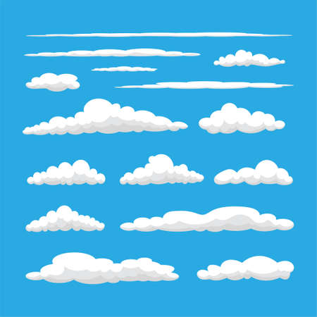 cloud cartoon design collection, white color cloud shape isolated on blue backgroundのイラスト素材