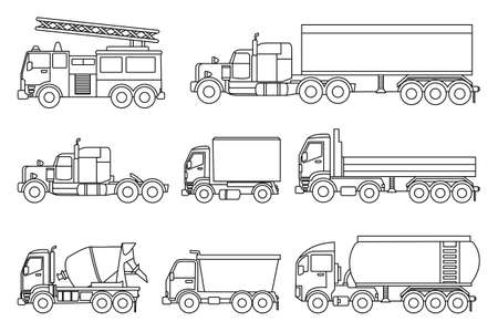 outline of transport vehicles trucks, containers, fire engines, concrete mixers. vector designのイラスト素材