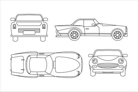 sports car vehicle outline design top view, front view, rear view and side view isolated on white backgroundのイラスト素材