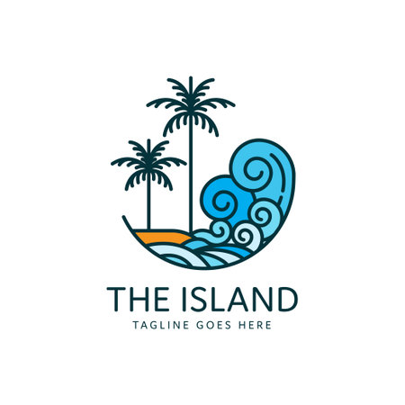 tropical island beach logo design with two palm trees and ocean wavesのイラスト素材