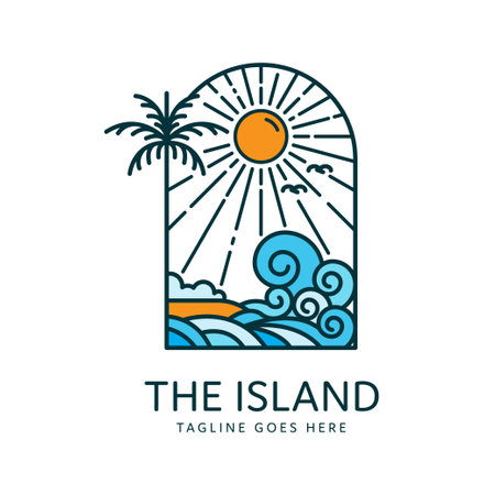 beach logo on tropical island with palm trees and ocean wavesのイラスト素材