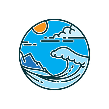 blue beach waves logo with mountain vector illustrationのイラスト素材