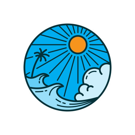 tropical island logo sticker with palm trees and ocean wavesのイラスト素材