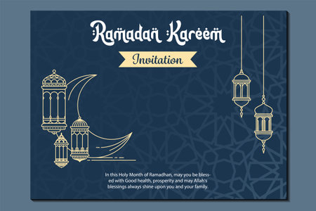 ramadan kareem invitation card with lantern and crescent moon vector illustration designのイラスト素材