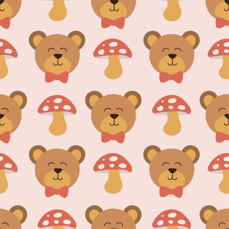cute bear head seamless pattern and mushroom cartoon vector illustrationのイラスト素材