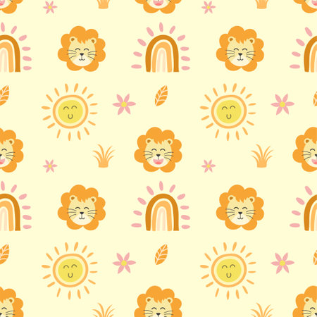 cute seamless pattern design of lion head, sun and rainbow, kids cartoon vector illustrationのイラスト素材