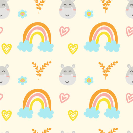 hippopotamus head seamless pattern design with rainbow, kids cartoon vector designのイラスト素材