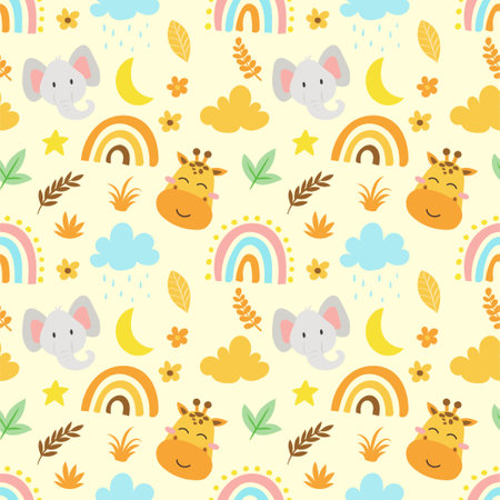 cute vector seamless pattern with safari animals, elephant, giraffe and rainbow. Endless background in childish style for fabric, textile, childrenのイラスト素材