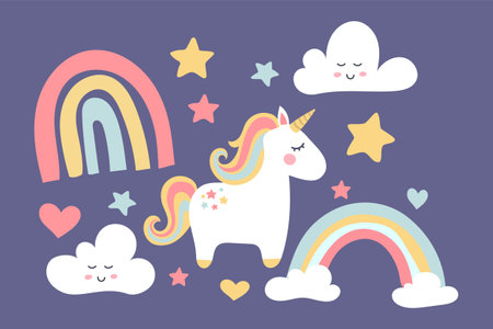 magical cute unicorn with clouds, stars and rainbow, nursery art doodle vector illustrationのイラスト素材