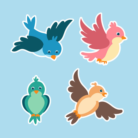 cute cartoon bird sticker set. childish style flat design vector illustrationのイラスト素材