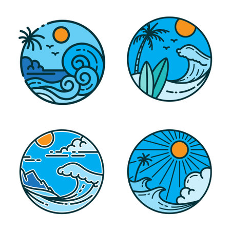 surfing logo design collection tropical island beach concept with blue waves circle shapeのイラスト素材