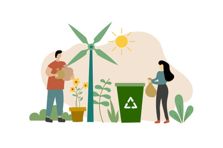 Sustainable practice flat design vector illustration in daily life. characters with an environmentally friendly lifestyle.のイラスト素材