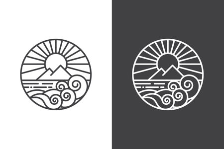 circular ocean waves logo line art with sunlight behind a mountain in the middle of the seaのイラスト素材