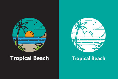 Tropical beach logo with a palm tree at sunset emblem style design. island beach vector iconのイラスト素材