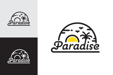 Line art paradise logo tropical beach concept with palm trees and sunsetのイラスト素材