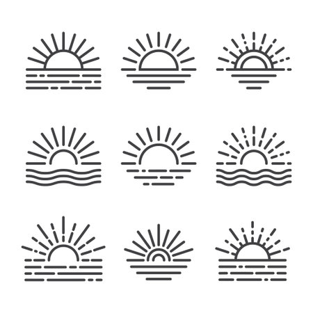 Sunburst icon line art concept vector illustration outline sun sunset in setのイラスト素材