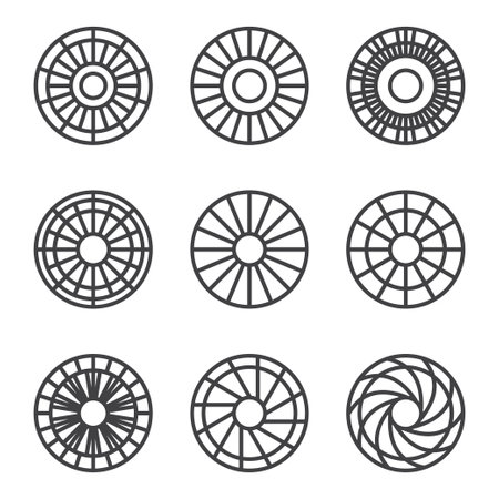 Outline sun symbol circle shape isolated white background vector icon setのイラスト素材