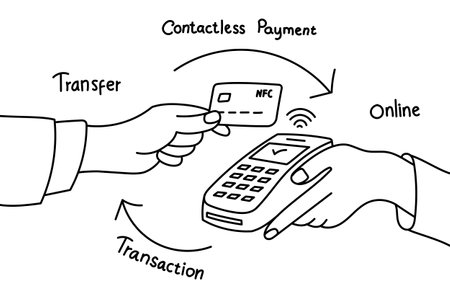 hand drawn illustration of contactless payment transaction using credit card outline vectorのイラスト素材