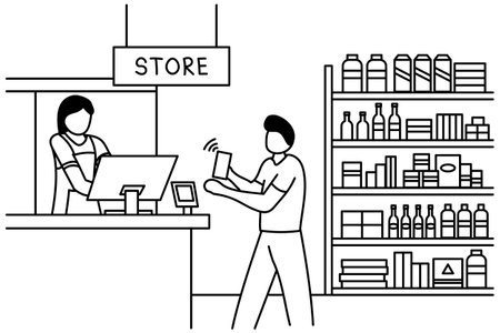 Illustration of two people making contactless payment in a shop or supermarket in outline design styleのイラスト素材