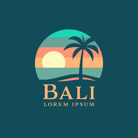 Tropical beach logo at sunset with a palm tree on the island of Baliのイラスト素材