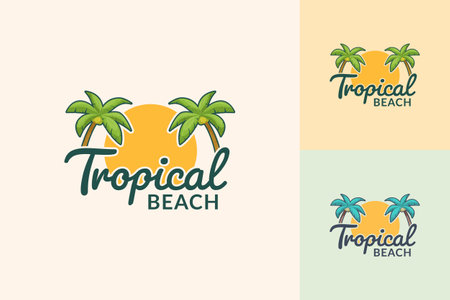 Tropical paradise emblem with two palm trees and sunset logo template vector illustrationのイラスト素材