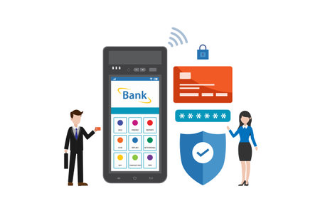 Vector illustration of online mobile banking and mobile payments. Transaction security and secure payments with men and womenのイラスト素材