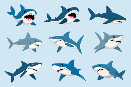 A cartoon illustration depicting nine sharks in various poses against a light blue background.のイラスト素材