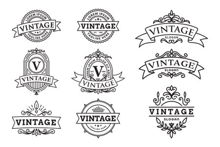 A collection of vintage-style logos featuring ornate embellishments, ribbons, and the word "vintage."のイラスト素材