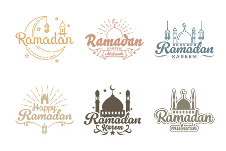 A collection of six unique Ramadan Kareem Mubarak logos featuring various Islamic symbols.のイラスト素材