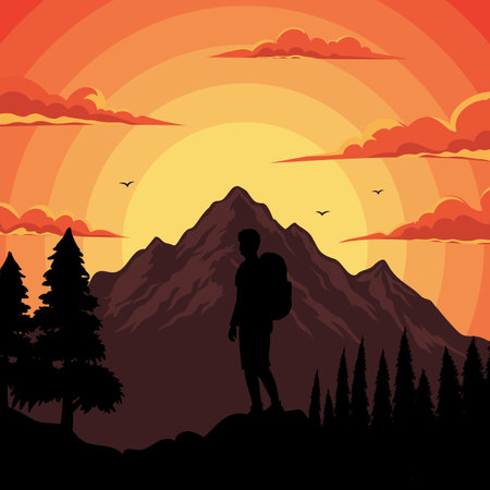 The image depicts a silhouette of a hiker at sunset, overlooking majestic mountains and the forest.のイラスト素材