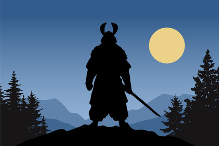 Japanese samurai silhouette illustration is ready on the mountain under the moonlightのイラスト素材