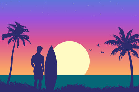 The design of the silhouette surfers to the colorful sunset on the tropical beach with palm trees.のイラスト素材